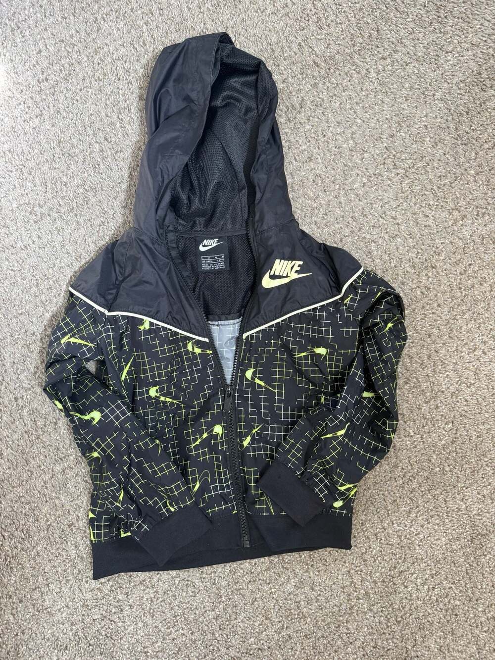 Nike Kids Windrunner Hooded Jacket Black Neon Grid Swoosh Size 5-6Y